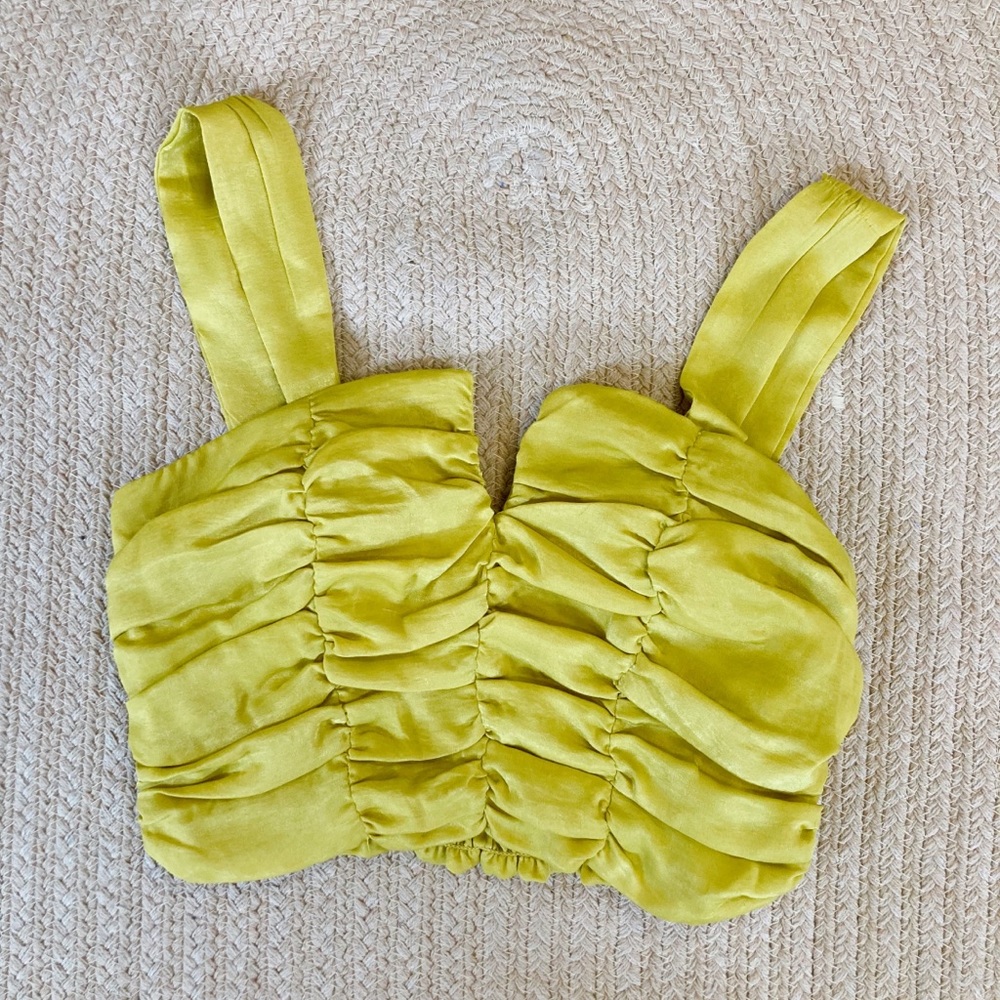Lime Green Satin Ruched Crop Tank